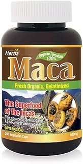 Herba Organic Maca for Men & Women - 200 Capsules | 100% Organic Gelatinized Maca Root | 500mg Peruvian Yellow Maca per Vegetable Capsule | Product of Canada