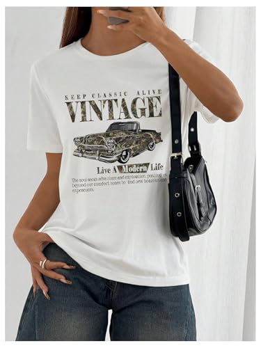 Image of RoseSeek Women's Graphic Letter Tee Crew Neck Drop Shoulder Trendy Summer T Shirt Short Sleeve Vintage Car Print Top