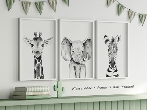 Safari Animals Baby Girl or Boy Set of 3 Nursery Unframed Prints, Bedroom Decor Wall Art Posters, Elephant Giraffe Zebra, Black and White Style Prints (12x16) by Eviepops Prints - Used condition - Image 3