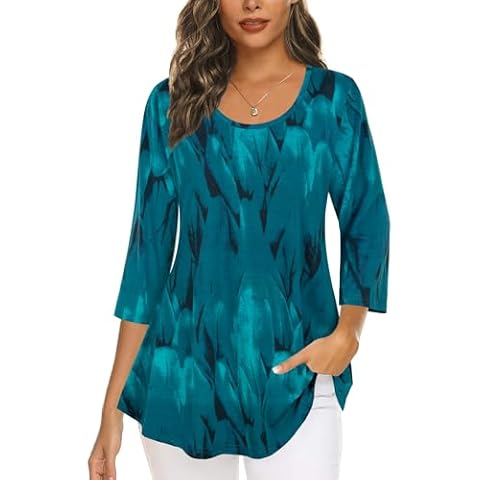 Tencole Shirts for Women: Womens tops Dressy Casual - 3/4 Sleeve Blouses - Womens Spring Fashion 2025 Ladies Tops Tunics for Leggings Business Casual Outfits Office Clothes Loose Fit Peacock Blue M Cover
