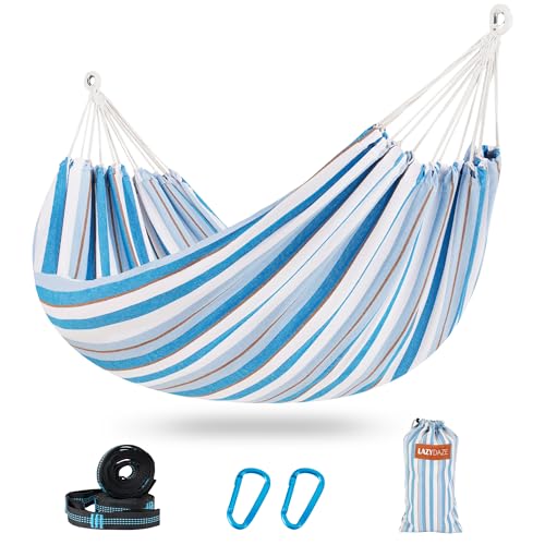 Lazy Daze Hammocks Double Brazilian Cotton Hammock, Extra Large Portable Outdoor Camping Hammock with Tree Straps & Travel Bag for Backyard Patio Poolside Indoor, 550lbs Capacity, Blue & Lig