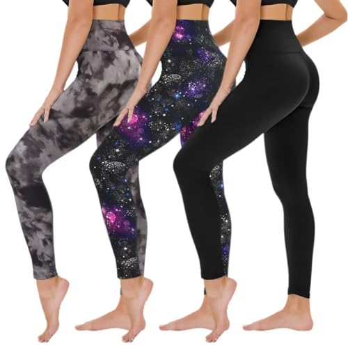 TNNZEET 3er Pack Leggings Damen High Waist Schwarz Leggins Blickdicht für Sport Gym (Schwarz/Galaxie/Schwarz Tie-dye,S-M)