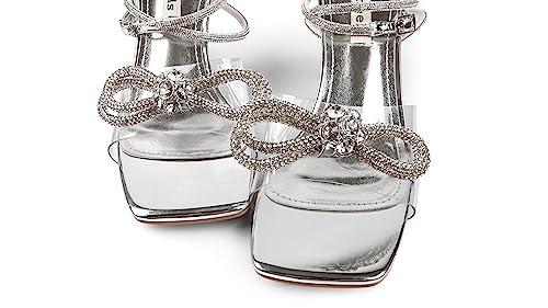 Image of Zzheels Double Bowknots Crystal Clear Heels Strappy Sandals | Clear Slingback Heels, Sparkly Rhinesotne Bow, Square Toe, Party, Dating
