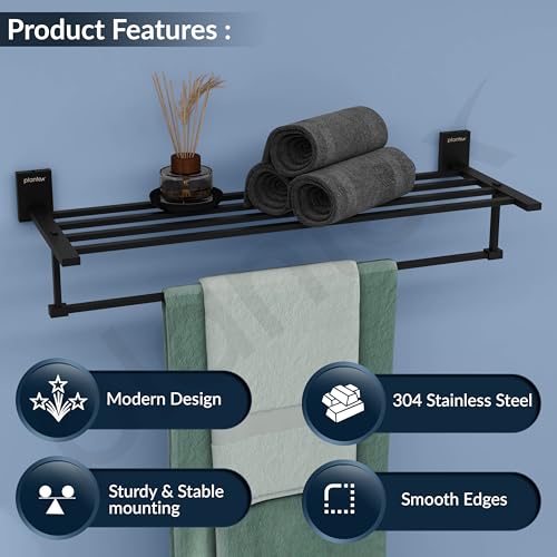 Image of Plantex 304 Grade Stainless Steel Towel Rack for Bathroom /Towel Rod /Stand /Bathroom Accessories - 24 inch (Matt Black)
