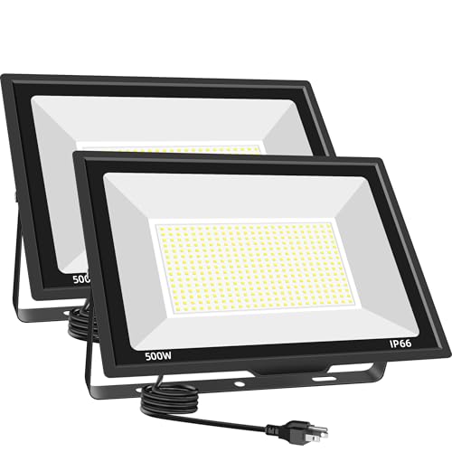 500W LED Flood Light Outdoor 2 Pack, 2000W Equivalent FloodLight with Plug, Super Bright 55000LM 6500K Daylight White IP66 Waterproof Commercial Lighting for Sports Fields,Courts,Arena,Stadium