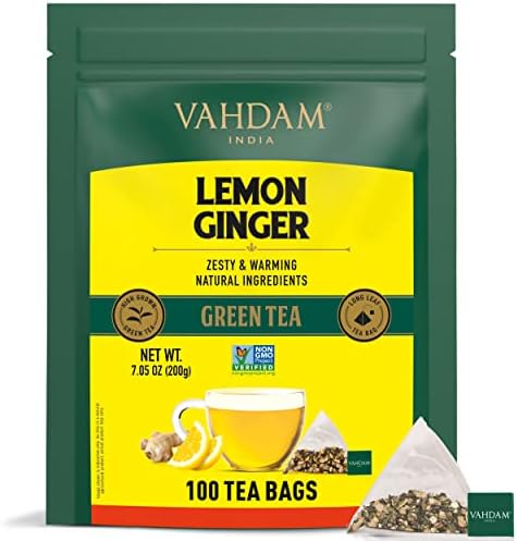 VAHDAM Lemon Ginger Tea (100 Count) Pure Ingredients, Pyramid Bags, Fruity Flavor Green Tea