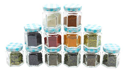 Image of Cute Hexagonal 50 Grams Airtight Glass Jar Containers for Honey, Spices & Other Kitchen Items with Rust Proof Turquoise Color Caps -Set of 12