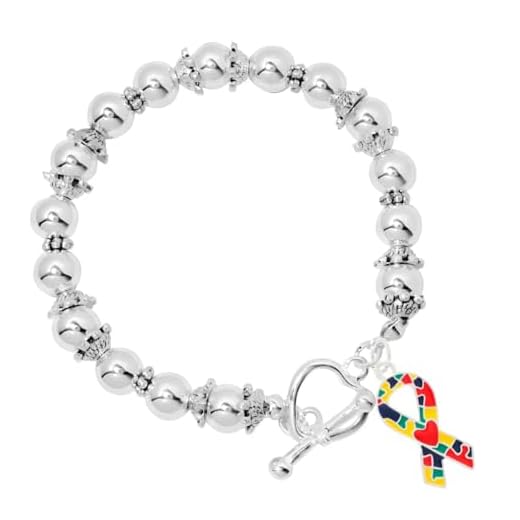 Autism Ribbon with Heart Silver Beaded Bracelet - Autism/Asperger’s Bracelet Perfect for Fundraising, Awareness Events, Gift-Giving & More!