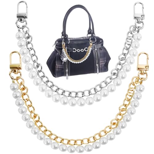 2-Pack Pearl Purse Chain Straps Gold & Silver Short Handle Replacement Bag Charms