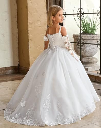 Floral Applique Flower Girl Dress with Train Spaghetti Strap First Communion Dresses with Sleeves Pageant Ball Gown3