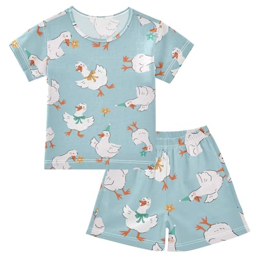 Pajama Short Sets Cute Goose Pattern Soft Cotton Summer Sleepwear 2 Piece PJS Size 5-14T