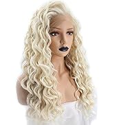 ANOGOL Hair Cap+Lace Front Platinum Blonde Wig Synthetic Hair Wigs Long Curly Blonde Wig for Wome...