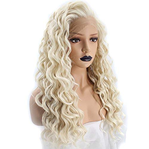 ANOGOL Hair Cap+Lace Front Platinum Blonde Wig Synthetic Hair Wigs Long Curly Blonde Wig for Women Daily Life For Movie Cosplay For Dress Up Wig Costume Party Halloween Wig