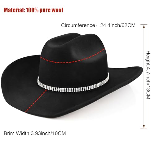 Image of 100% Wool Western Cowboy Hat for Men Women Classic Fedora Hat Felt Cowgirls Hats with Two Decorative Bands