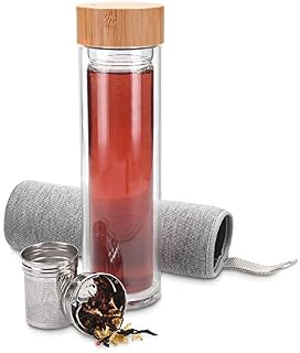 Navaris Glass Water Bottle 500ml - Double Wall Borosilicate Glass Tea Bottle with Stainless Steel Infuser, Bamboo Lid, Non-Slip Neoprene Sleeve (Grey)