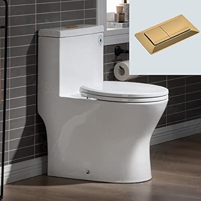 WOODBRIDGE Short Compact Tiny Dual Flush 1.28 GP One Piece Toilet,with Soft Closing Seat,1000 Gram MaP Flushing Score Small Toilet with Brushed Gold Button B0500-BG, White