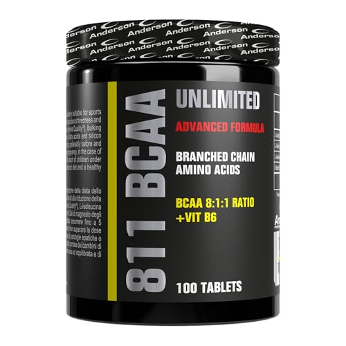 Anderson 811 BCAA UNLIMITED È un integratore di aminoacidi ramificati in rapporto 8:1:1 combinati con Vitamina B6 | 100 cpr | Made in Italy