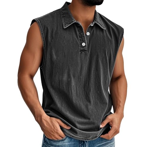 Débardeur sans manches homme col boutonné pour musculation noir et blanc