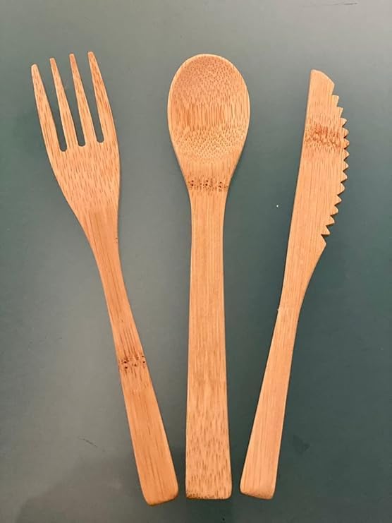 Bamboo Cutlery Set (3-Piece) – Eco Friendly Reusable Wooden Spoon Fork Knife | Lightweight Travel Camping Utensils | Sustainable Kitchen Dining Set