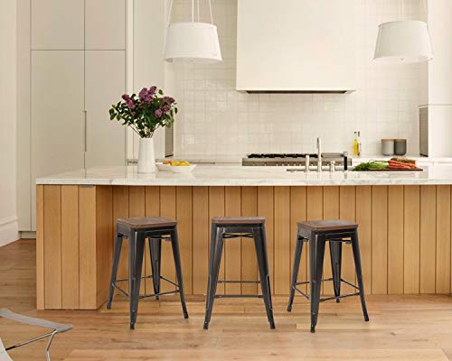 Image of FDW Metal Bar Stools Set of 4 Counter Height Bar Stools 24 Inches Industrial Bar Chairs Patio Stool Stackable Backless Stool Indoor Outdoor Metal Kitchen Stools Bar Chairs (Black with Wood, 24 inch)