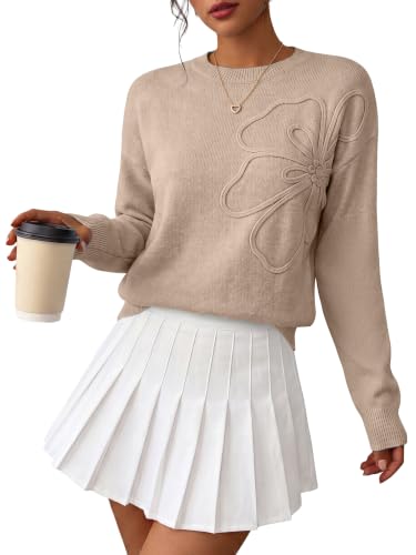 ANRABESS Women Long Sleeve Flower Sweaters Trendy Cute Fall Outfit,Khaki,L