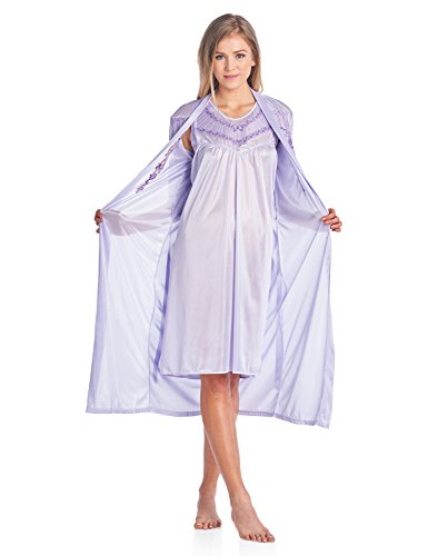 Casual Nights Women's Satin 2 Piece Robe and Nightgown Set - Embroidered Purple - Large
