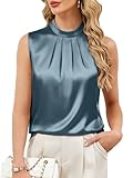 Funlingo Womens Tank Tops Silk Satin Sleeveless Camisole Dressy Casual Blouses Mock Neck Pleated Shirts Spring Office Work Wear Grey Blue L