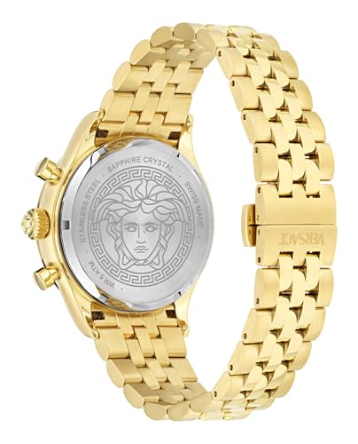 Versace Hellenyium Chrono Petite Collection Luxury Mens Watch Timepieces with a Gold Bracelet and Case Featuring a Black Dial3