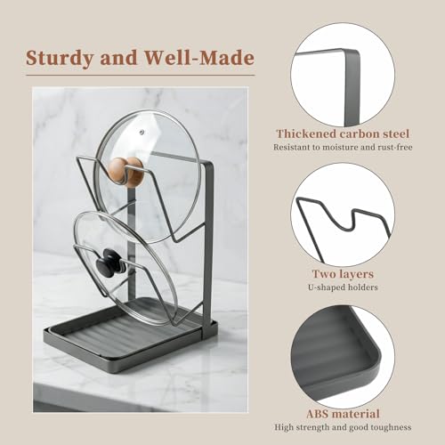 BZMLDXW 304 Stainless Steel Pot Lid Holder 2-Tier Heavy Duty Pot Lid Multifunctional Kitchen Countertop Kitchen Pot Lid Storage Rack Multifunctional Pots Lids Organizer Rack with Removable Drip Tray by BZMLDXW - Used condition - Image 3