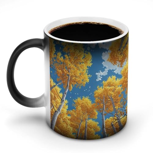 秋の白樺の木マグカップ 変色カップ 植物イラストアート 油絵イラストアート コーヒーカップ 高級 おしゃれ 人気 誕生日プレゼント ギフト 贈り物 彼女 妻 友人 家族 愛する人への素敵なプレゼント バレンタインデー 結婚記念日 プレゼント 350ml