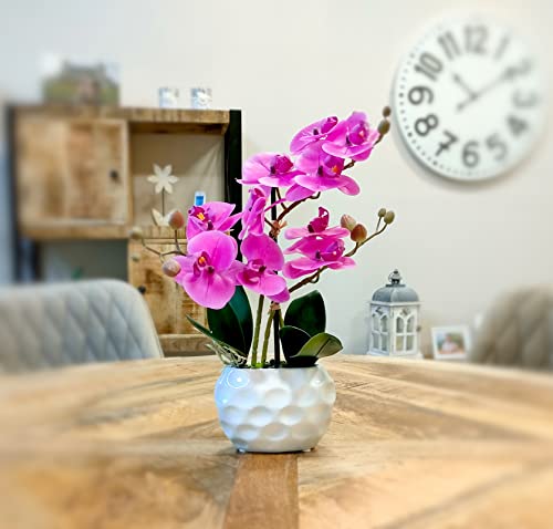 DARO DEKO Kunst-Pflanze Orchidee (ovaler Topf weiß Hochglanz und lila Blüten 33cm)