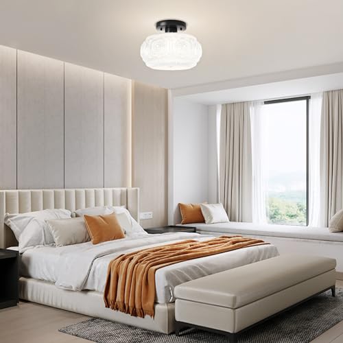 Image of Semi Flush Mount Ceiling Light, Milk Glass Shade Modern Ceiling Light Fixture, Vintage Black Lighting for Hallway Bedroom Entryway Kitchen Porch (Pack of 2)
