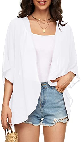 Image of Indian Trendy Women's Solid Puff Sleeve Kimono Cardigan Loose Cover Up Casual Blouse Top Chiffon