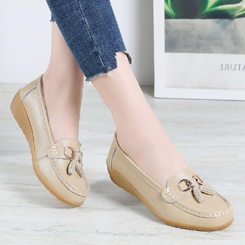 Image of Women's Genuine Leather Platform Loafers Classic Casual Comfort Slip-On Shoes Soft Sole Dress Shoes