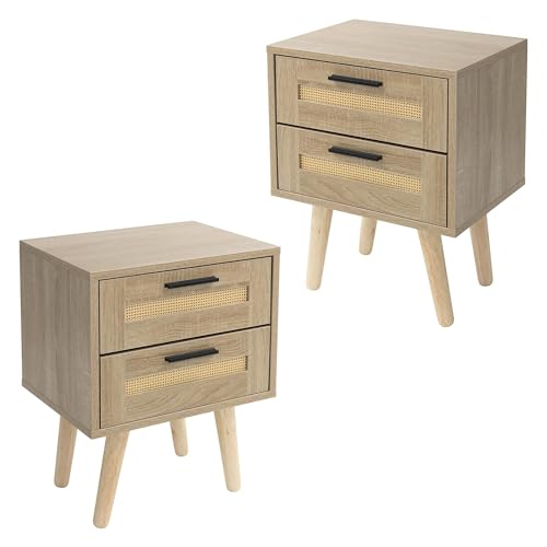 ML-Design Juego de 2X Mesitas de Noche con 2 Cajones 40x50,5x30 cm Mueble Estilo Rústico de Madera Aspecto de Roble y Ratán para Salón, Comedor, Dormitorio, Cajonera Auxiliar con Patas para Cama