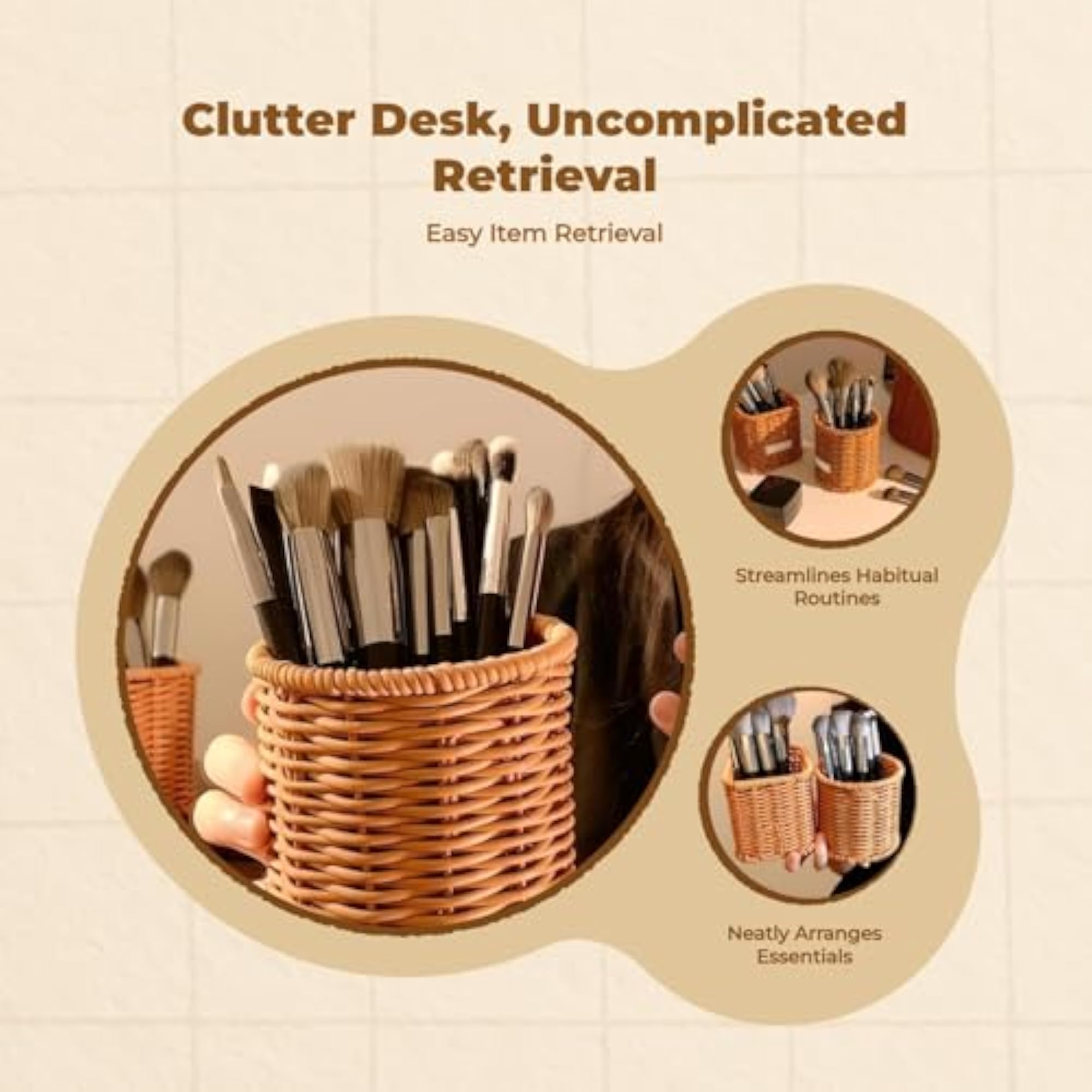 Rattan Makeup Brush Holder, Vintage Organizer
