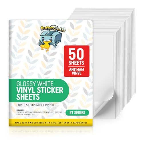 Image of Glossy Printable Vinyl Sticker Paper Waterproof 50 Sheets 8.5 inchx11 inch, Inkjet Printer (Epson Printers Compatible) - Weatherproof White Sticker Sheets - Strong Adhesive