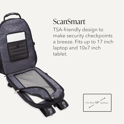 SWISSGEAR 1900 ScanSmart Laptop Backpack, Fits Most 17-Inch Laptops, TSA-Friendly Lay-Flat Design, RFID Protection, and Tablet Pocket, Black, 31L, 18.5-Inch - 2