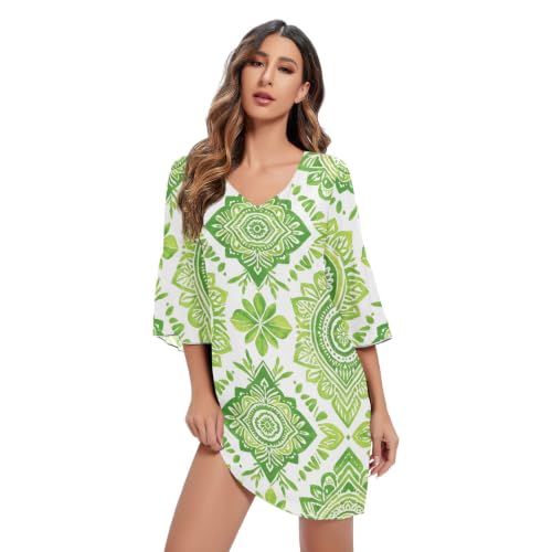 Robe trapèze mousseline imprimé bohème vert chic col V