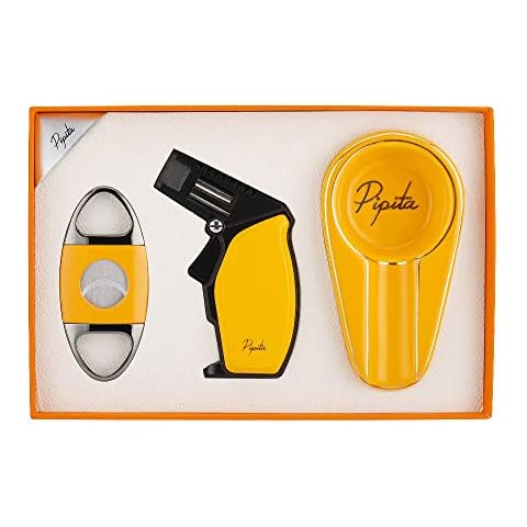 PIPITA Cigar Gift Set (3pcs/Set),Torch Lighter and Cigar Cutter and Ceramic Ashtray, Adjustable Jet Single Flame Butane Lighter Packing with Nice Gift Box Cover