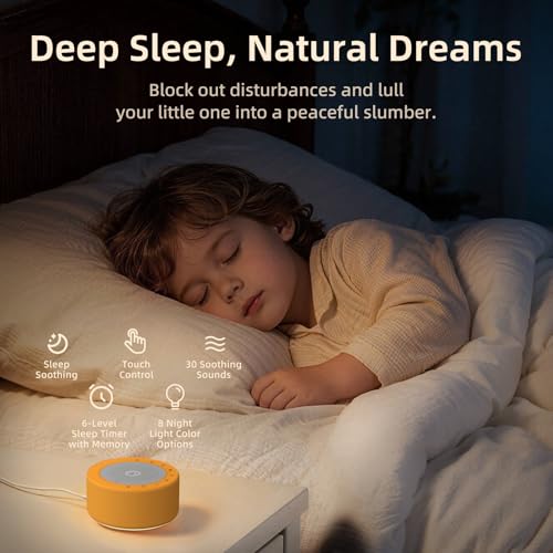 Image of Kipcush White Noise Machine for Baby & Adults, 30 Soothing Sounds, Soft Non-Glare Nursery Lamp, 8 Color Night Lights, Memory Function (Angel V3 Orange, Standard)