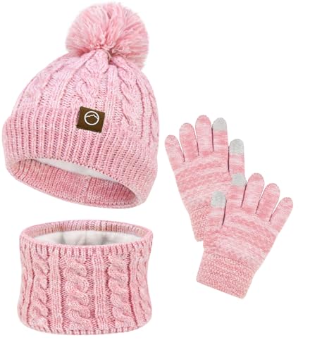 ZOORON Kids Winter Hat Gloves Scarf Set, Girls Boys Hats Beanie with Pom Children Knit Neck Warmer Mittens Fleece Lined Set