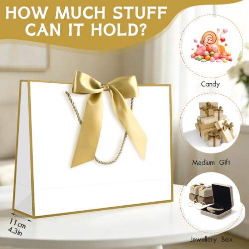 Image of JMANNI 12 Pcs Wedding Paper Gift Bags with Handle,13 inch Medium Thank You Gifts Bags with Ribbon Bow Bridal Shower Gifts for Baby Shower Graduation Holiday Birthday Party Supplies Mothers Day(white-gold)