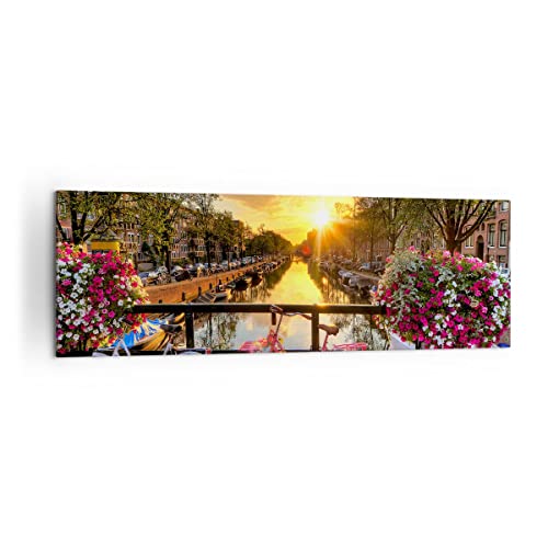 Lienzos decorativos 160x50cm Cuadro Sobre Lienzo Moderno Bicicletas canal Amsterdam arquitectura Grande XXL Dormitorio Cuadros Pared Imágenes Cuadros Decoracion Salon Wall Art Prints AB160x50-3081
