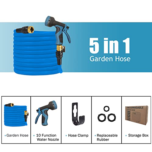Expandable Garden Hose 100 Ft,Water Hose Lightweight Retractable Hose,High-Density Flexible Garden Hose With 10 Spray Modes Nozzle,3/4" Solid Brass Fittings For Watering,Easy To Store - Blue #TOP4