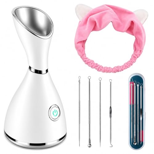 Image of Ionic Facial Steamer for Deep Face Cleaning & Pore Care | Warm Mist Face Spa for Home Use | Facial Moisturizer & Humidifier | Face Steamer with Blackhead Remover Kit & Soft Hair Band