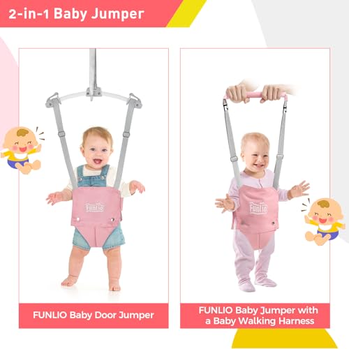 Image of FUNLIO 2 in 1 Baby Door Jumper with Door Clamp, Baby Walking Harness for 6-24 Months, Infant Jumper Doorway with Strong Spring & Adjustable Strap, Easy to Assemble & Store - Pink