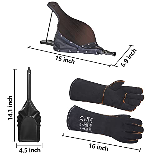 Ant March Large Metal Ash Bucket For Fireplace 5.2 Gallon With Gloves And Fireplace Bellows Lid &Shovel Fire Pits, Wood Burning Stoves, Grill, Indoor Outdoor, Black #TOP2