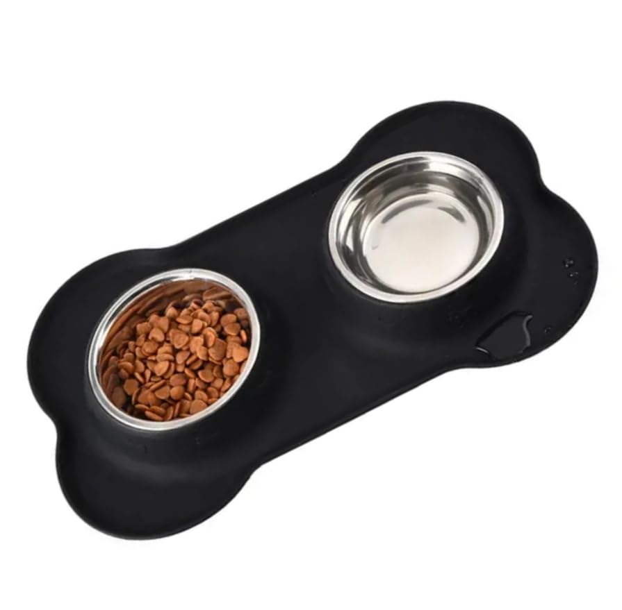 Ciotola Doppia Con Vassoio Raccoglitore In Silicone, per Cani e Gatti di Piccola Taglia, Estraibile Lavabile in Acciaio Inossidabile Antiscivolo e Anti Goccia con Tappetino in Silicone (S Nero)