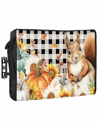 DecorLovee Outdoor TV Cover 80 to 85 Inches Weatherproof & Waterproof, Fall Squirrel Outdoor TV Enclosure with Remote Control Pocket, Pumpkins Maple Leaf Black Plaid Thanksgiving TV Screen Protectors